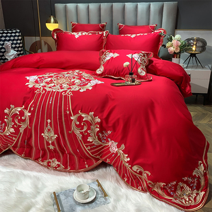 欧式100支长绒棉婚庆四件套纯棉C大红色刺绣被套床单全棉结婚床品