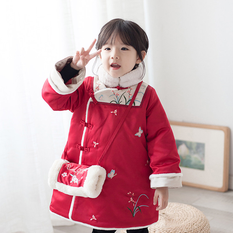 贝优拜年服女童汉服儿童唐装宝宝红色冬季棉服碎花成人刺绣中国风