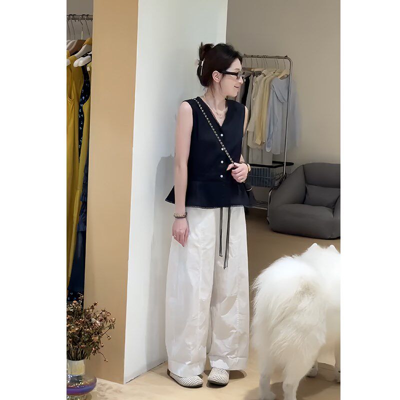 夏日ootd穿搭一整套法式V领时尚气质衬衫小个子休闲 宽裤两件