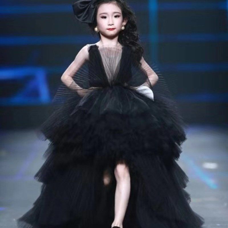 女童礼服裙黑色洋气公主婚礼花童婚纱裙拖尾钢琴演出服模特走秀裙