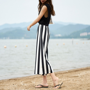 子高腰花苞七分复古温柔风沙滩裤 阔腿裤 女夏雪纺垂感黑白竖条纹裤