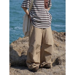 一碗士多日系复古直筒褶皱休闲长裤宽松廓形伞兵松紧腰束脚裤男女