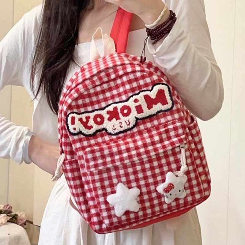 双肩包设计感小众女生高颜值格子背包红色高颜值小书包可爱包包