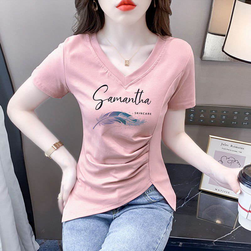 100%纯棉短袖V领t恤女夏季2025新款时尚小衫不规则短款上衣设计感