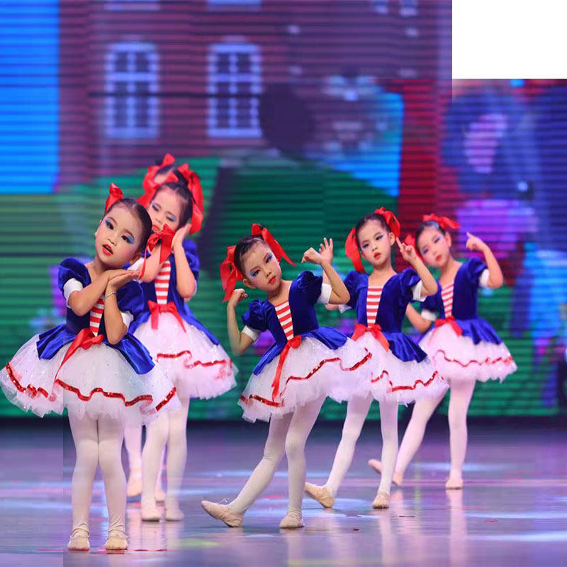 元旦新款儿童蓬蓬裙演出服宝蓝色幼儿园舞蹈纱裙公主裙表演服女童