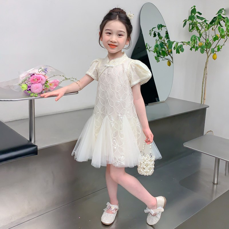 女童鱼尾裙旗袍连衣裙夏季新款儿童小女孩中国风盘扣公主裙子纱裙