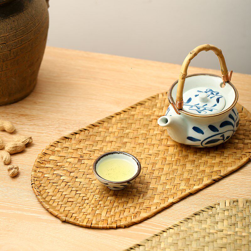 复古手工编织海草餐垫草编桌面茶垫隔热垫椭圆形杯垫中式简约垫子