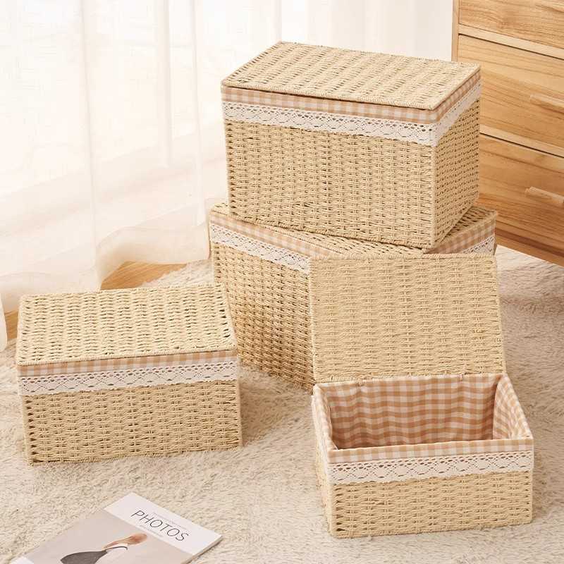 编织收纳筐带盖桌面遥控器收纳盒床头柜收纳篮客厅茶几杂物整理盒