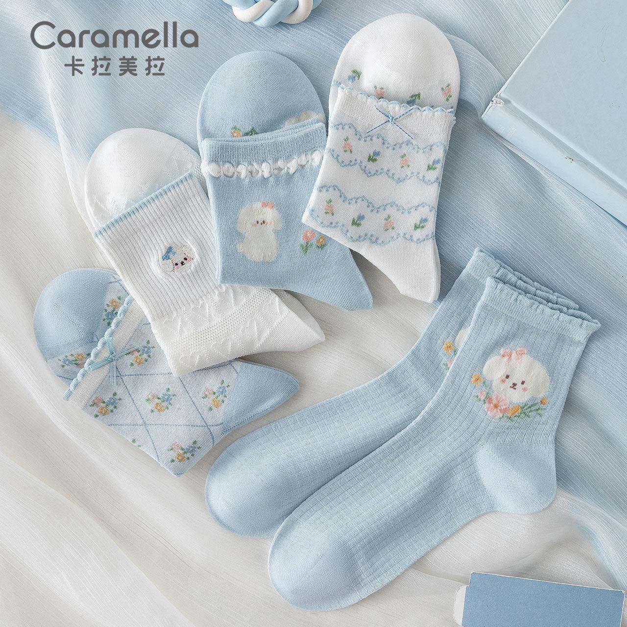 caramella卡拉美拉春秋款袜子竹纤维女袜中短筒薄款碎花卡通少女