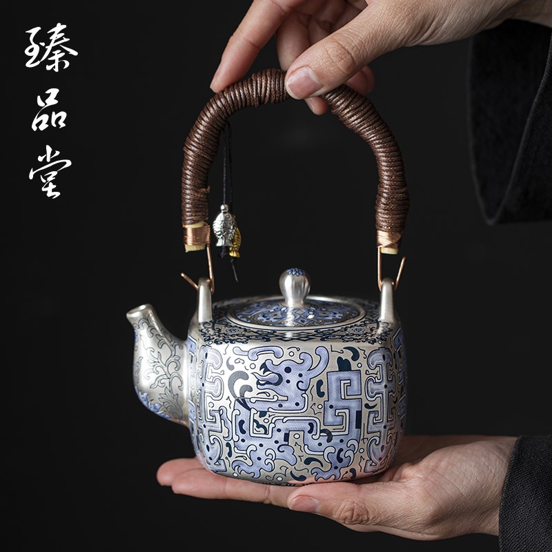 郑丽卿鎏银茶壶家用高档r功夫茶具回龙纹瓷包银大容量提梁煮泡壶