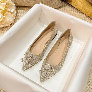 婚鞋女单鞋春f秋四季鞋新娘伴娘平底鞋软底防滑孕妇鞋尖头浅口鞋