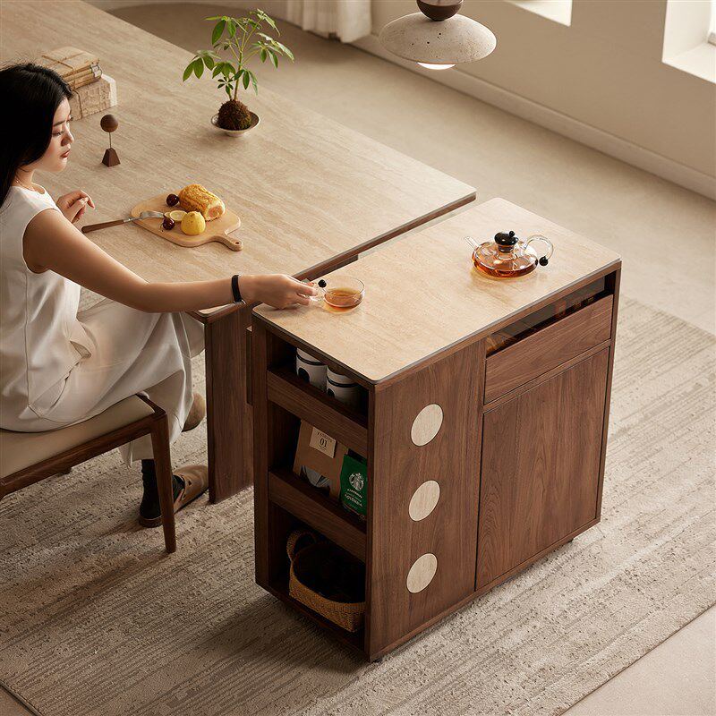 北美黑胡桃木可移动洞石岩板岛台柜单独窄餐桌边S柜一体储物茶水,住宅家具,岛台,淘宝优惠券,粉丝福利购,淘宝优惠卷