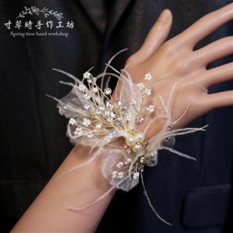 高档森系仙美新娘伴娘结婚u手腕花羽毛小众新郎伴郎胸花结婚礼胸