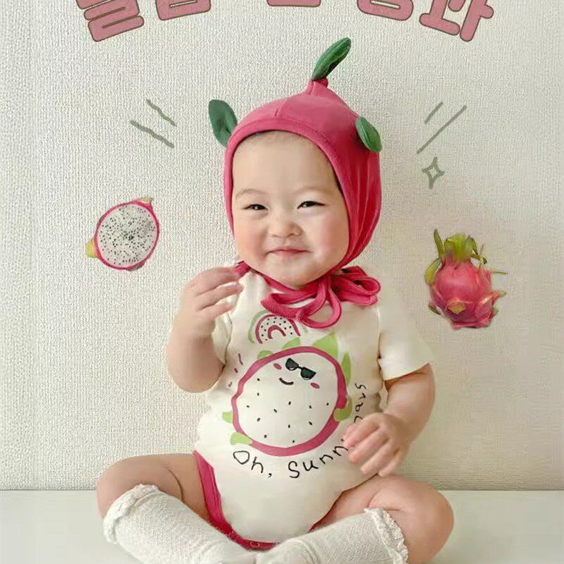 新生儿宝宝外出三角哈衣夏季w薄款可爱火龙果水果包屁衣婴儿百天