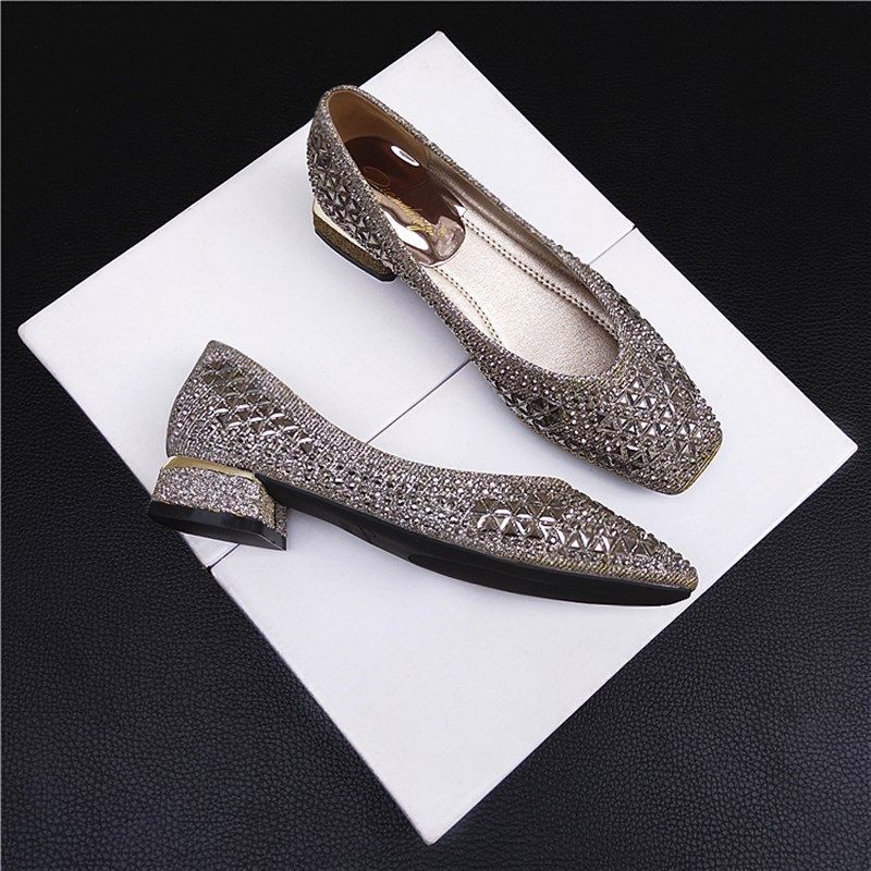 方头粗跟单鞋女法式2024秋季新款镶钻浅口平底鞋气质软Z底中跟瓢,女鞋,浅口单鞋,淘宝优惠券,粉丝福利购,淘宝优惠卷