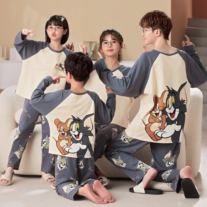 亲子睡衣一家三四口儿童春秋季纯棉长袖家居服卡通猫和老鼠父子装