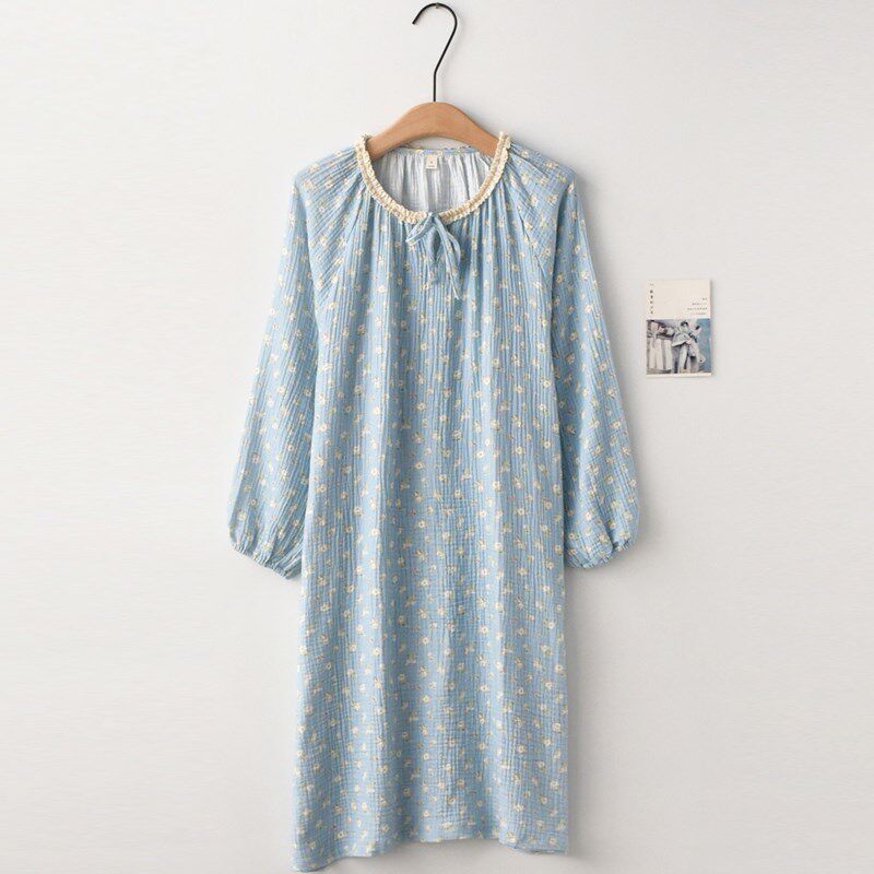 甜美蓝色碎花印花睡裙女春夏季纯棉纱布K薄款长袖家居服睡衣裙子