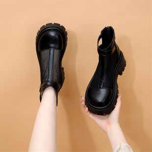 2025夏季 网靴厚底马丁靴女透气镂空百搭网纱短靴平底中跟凉靴 新款