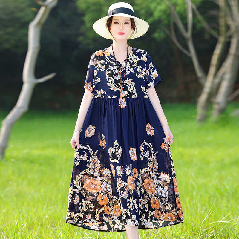 夏季新款妈妈纯棉绸连衣裙女士大码短袖睡衣200斤孕妇家居服睡裙