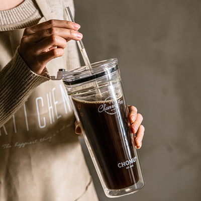 玻璃吸管杯大容量双层高硼硅喝水杯办公室耐高温咖啡奶茶饮料杯子