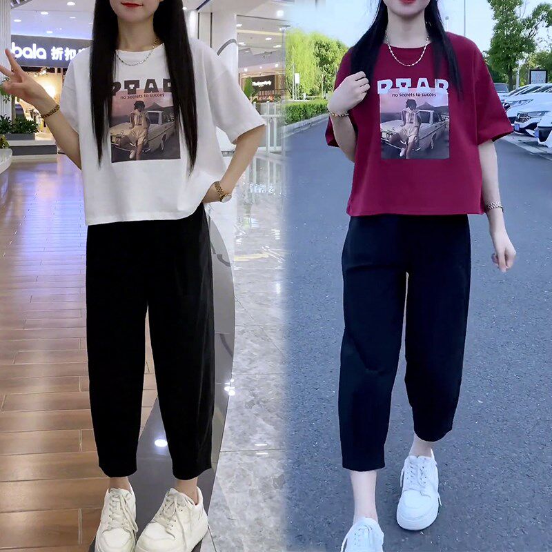 小个子时尚穿搭套装女大码宽松遮肉印花上衣裤子春夏季减龄一整套