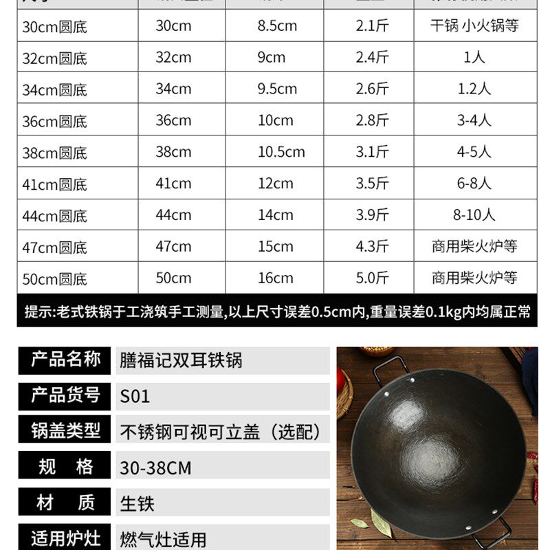 老式双耳铸铁锅小号炒锅家用生铁锅圆底无涂层不粘锅燃气炒菜锅具