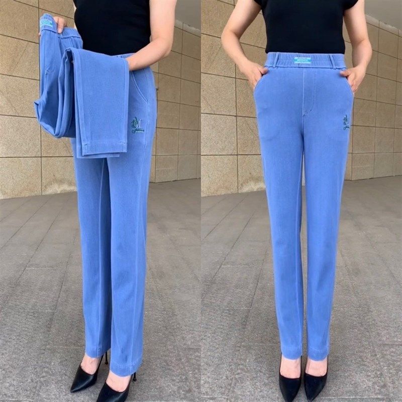 女夏季冰丝薄款牛仔裤中老年休闲裤妈妈高腰直筒裤宽松长裤高弹力