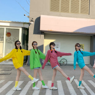 秋季加厚彩色闺蜜装亲子装宽松纯棉纯色长袖t恤男女BF风打底衫潮