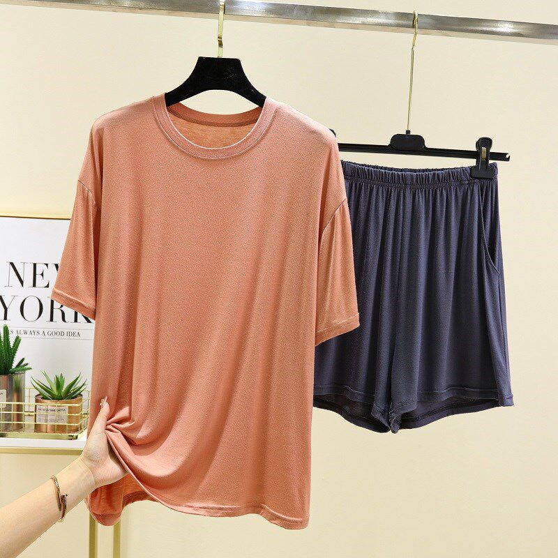 女士宽松短袖eT恤大码短裤睡衣套装夏薄款外穿运动休闲健身两件套