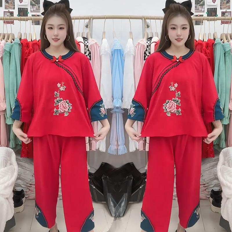 秋冬新款本命年大红色睡衣女纯棉两件套宽松显瘦民族风刺绣家居服