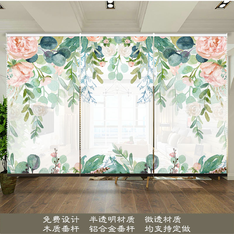 爱工艺北欧半透明卷帘软屏风隔断简约现代升降卷帘挂.帘玄关帘花