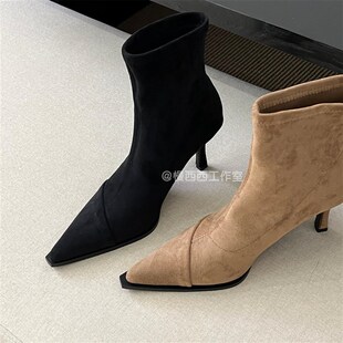 软面高跟尖头绒面卡其色瘦瘦靴短靴2024秋冬新款单靴韩系小裸靴子
