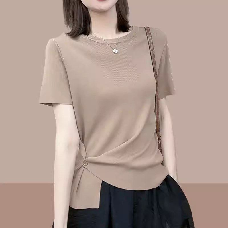 冰丝正肩短袖T恤女2025年新款夏季宽松显瘦暗扣别致上衣针织衫