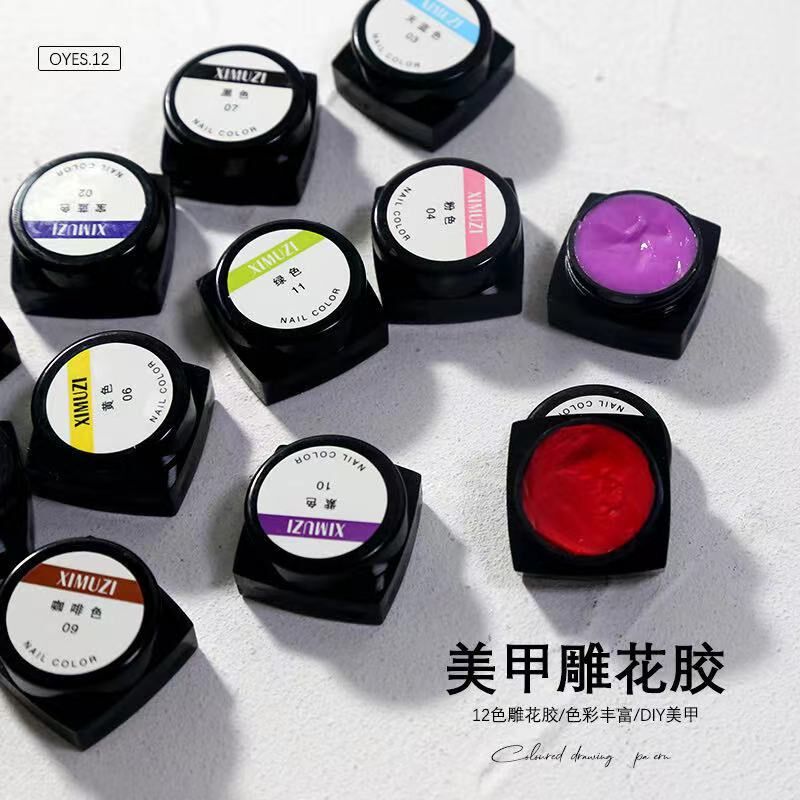 美甲彩绘胶12色1套装美甲店专用黑白色手绘DIY雕花胶12色1套装