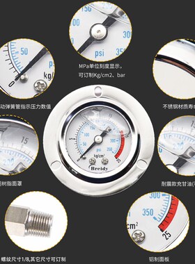 压力表YN40ZT轴向带边耐震压力表气动水压液压0-1.6mpaPT1/8