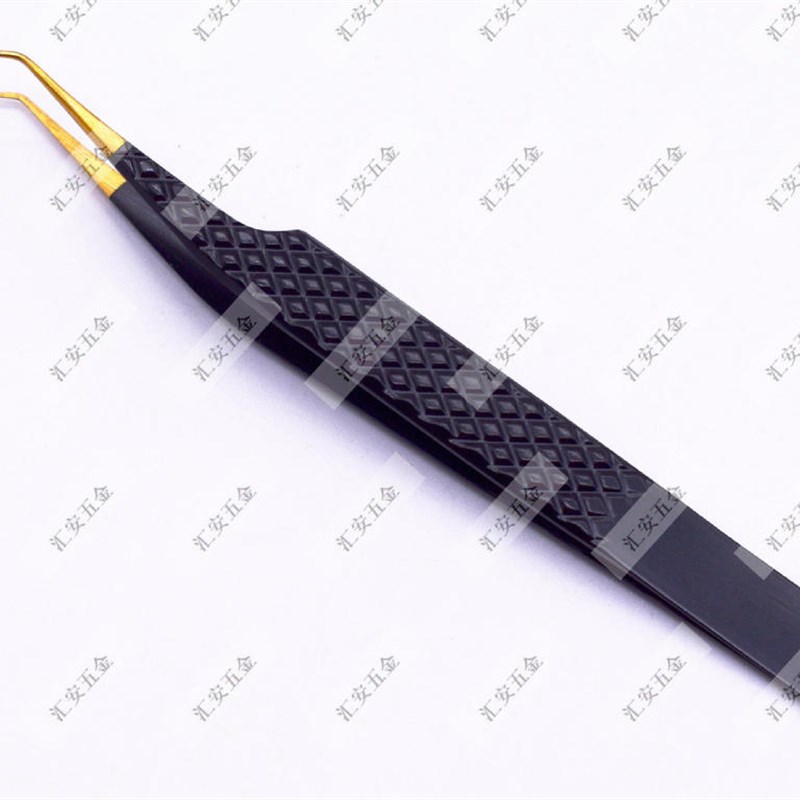 工厂供应黑金压纹纤维头镊子 fiber tips 高精密螺纹嫁接睫毛镊子