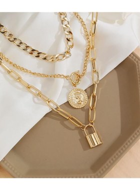 2023 Multilayer Gold Color Thick Chain Lock PenSdant Necklac