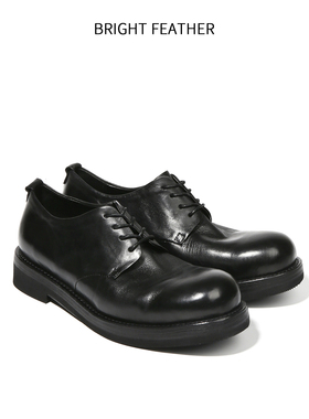 大圆头商务德比鞋男士马皮手工鞋黑色公务鞋夏季通勤休闲皮鞋真皮