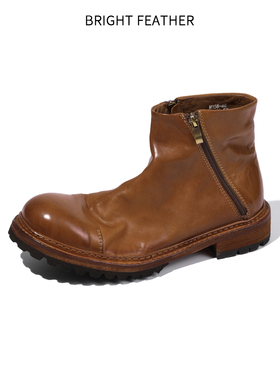 英伦风马皮切尔西靴男款复古手工短靴子真皮高帮马丁靴男士拉链款