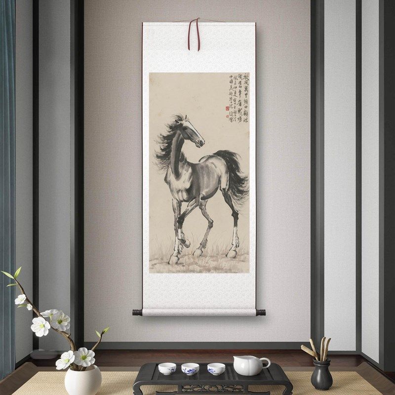 近现代徐悲鸿《马》客厅书房x茶室装饰画挂画玄关水墨高清卷轴字