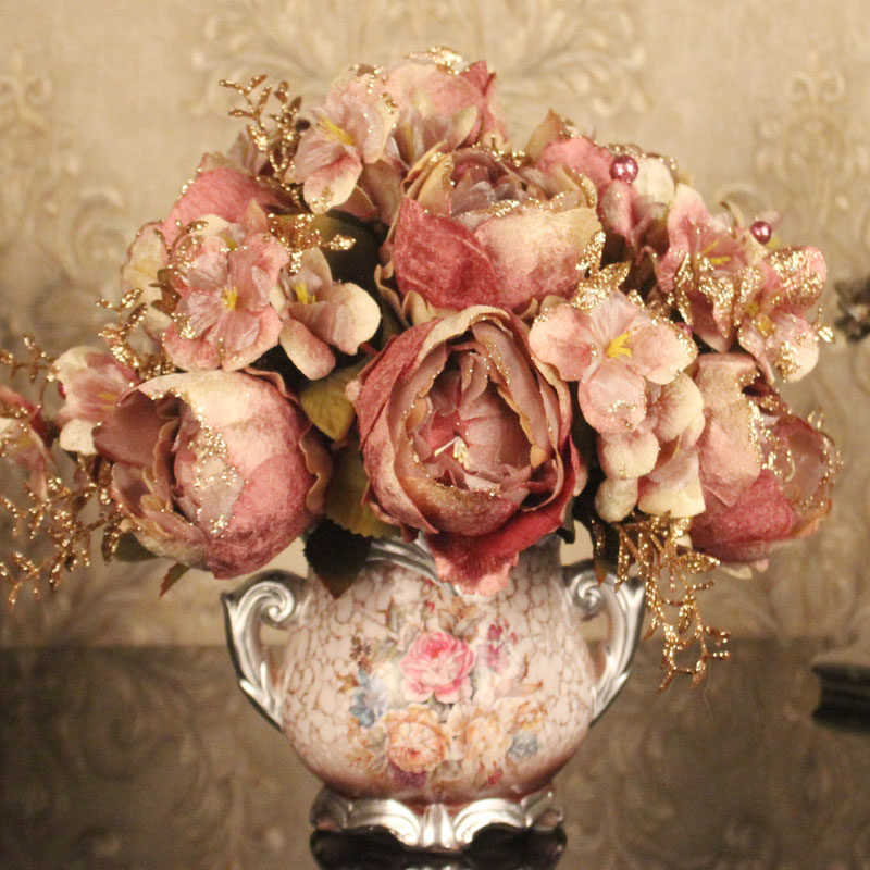 欧式花瓶摆件仿真花套装客厅餐桌玄关G绢花假花盆栽摆设装饰花牡