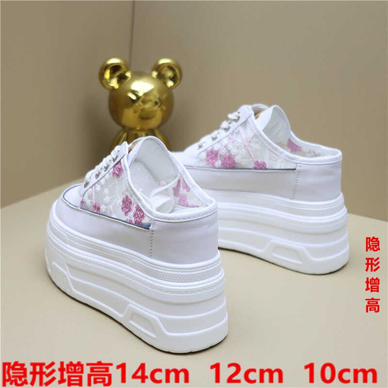 12cm内增高g女鞋202夏季厚底松糕小白鞋10cm小个子半拖帆布凉鞋子