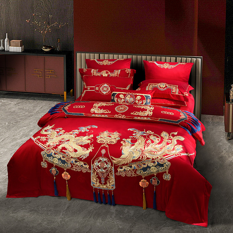 中式龙凤婚庆全棉n刺绣结婚四件套喜庆大红色被套婚房床上用品,床上用品,婚庆床品套件,淘宝优惠券,粉丝福利购,淘宝优惠卷