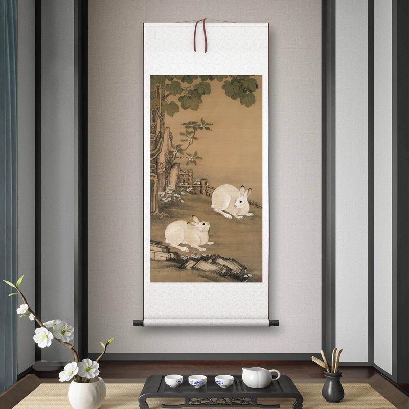 清冷枚《梧桐双j兔图》客厅书房茶室装饰画挂画玄关高清卷轴字画,家居饰品,国画,淘宝优惠券,粉丝福利购,淘宝优惠卷