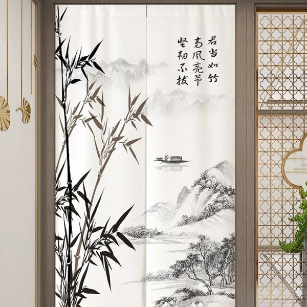 中式水墨山水画门帘入玄关隔断帘卧室半截布帘厨房短帘厕所遮挡帘