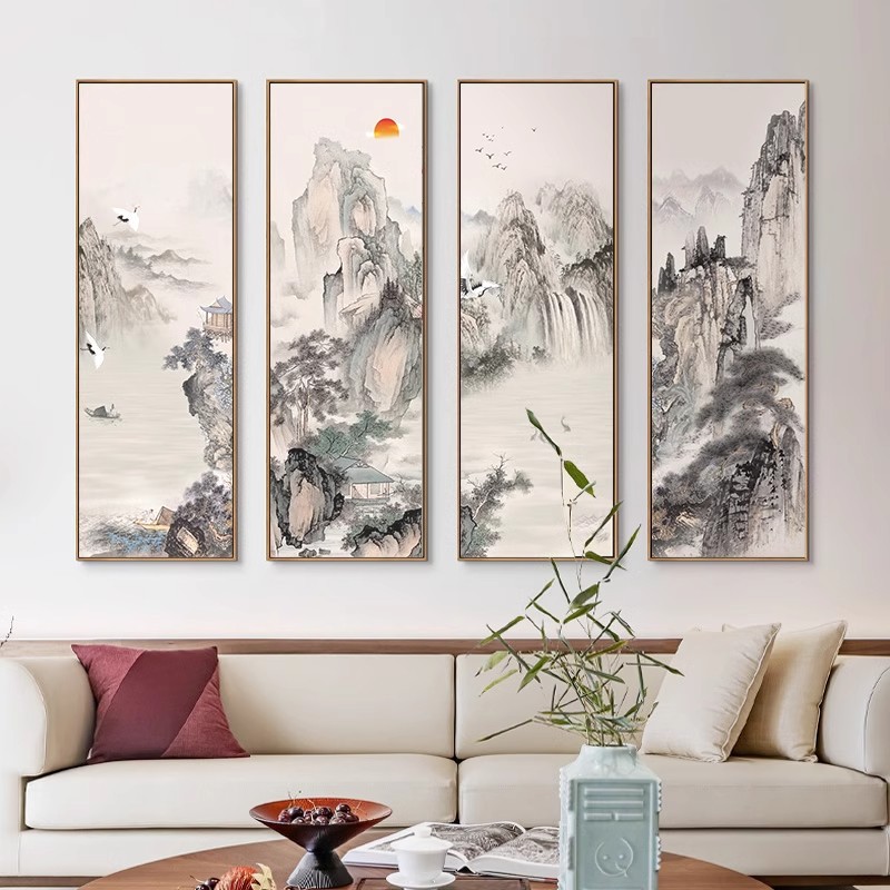 山水招财画新中式客厅背景墙装饰画书房茶室壁画办公室挂画组合画