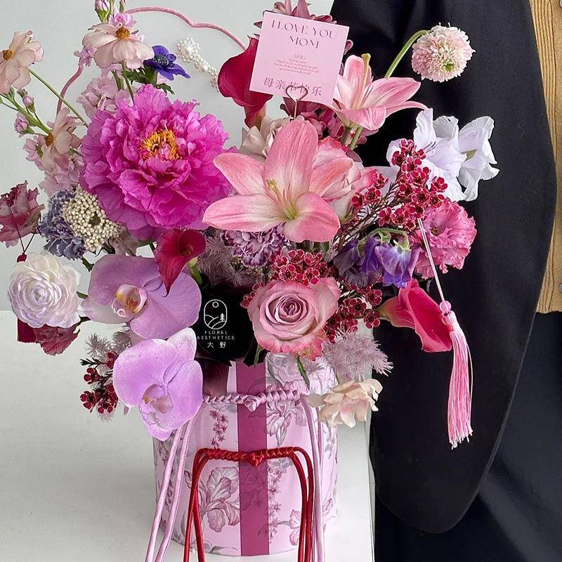 新中式鲜花抱抱桶diy花桶旗袍插花桶花盒圆筒花艺礼盒