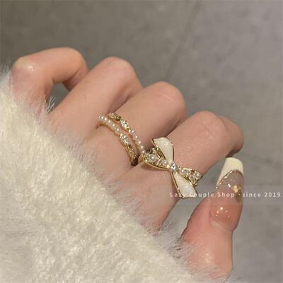 这么叠戴贼美~温柔蝴蝶结戒指冷淡风级轻奢超仙珍珠小众指环