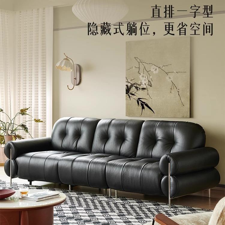 儒黛法式黑糖高脚电动功能云朵沙发黑色真皮复古零靠墙翘脚沙发