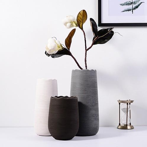 拉丝圆斗陶瓷干花花瓶ins风简约鲜花插花大口瓶客厅装饰摆件